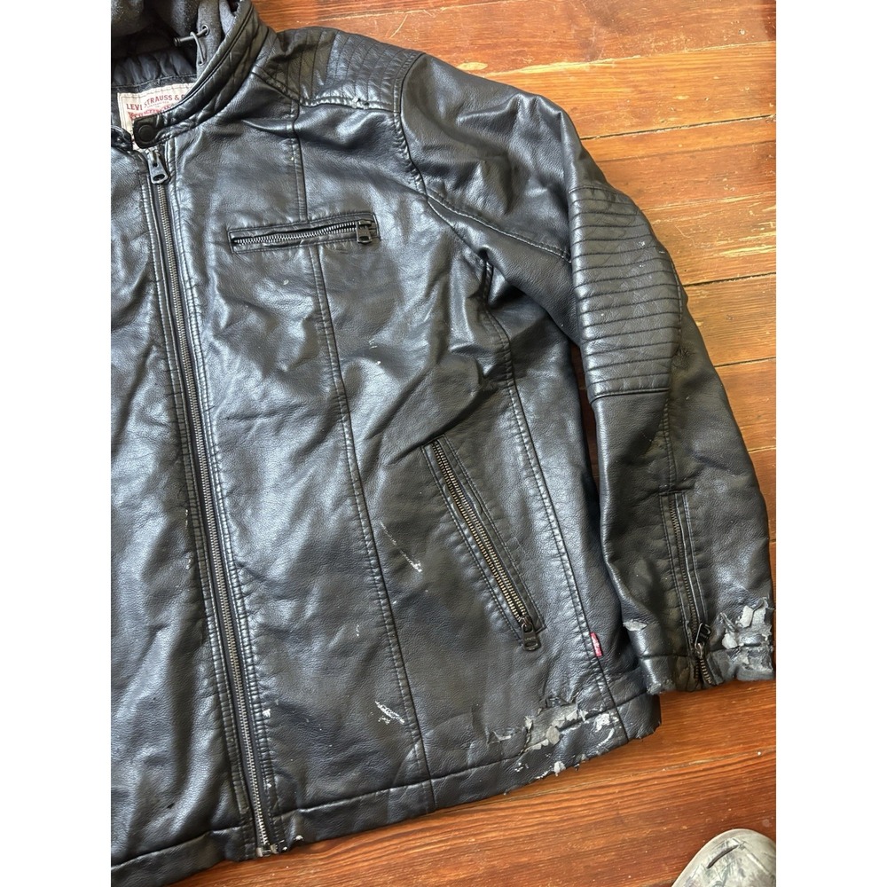Levi Black Motorcycle Hooded Faux Leather Bomber Racer Trucker Jacket Mens XXL - Picture 4 of 9